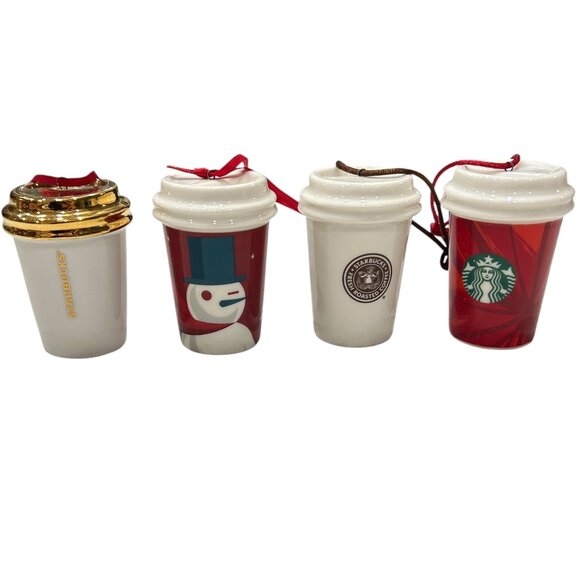 Set of 4 Glass Christmas Ornaments • Starbucks Coffee Cup Minis • Holiday Tree - Picture 1 of 5
